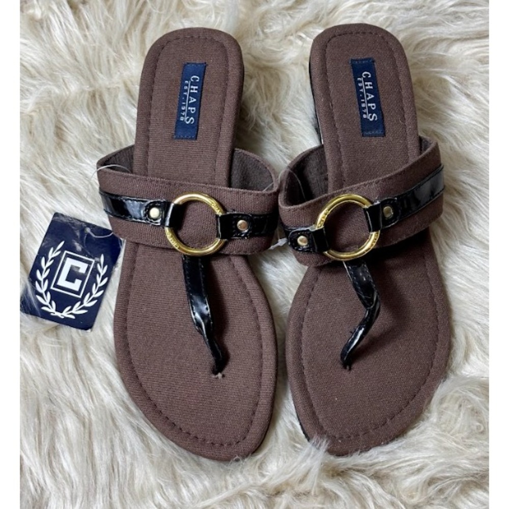 Chaps Flip Flop Sandals Womens 7 8 Brown Black Gold Slip On Wedge NWT